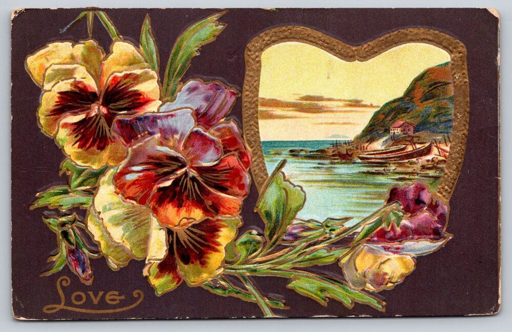 Antique 1913 Embossed Pansy Postcard Gold Gilt Love Heart Scenic View V.A.S. Co